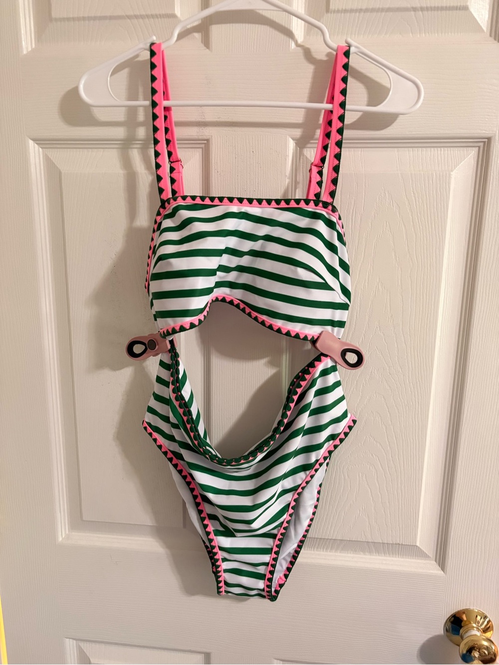 Green and White Striped Bikini with Pink Trim